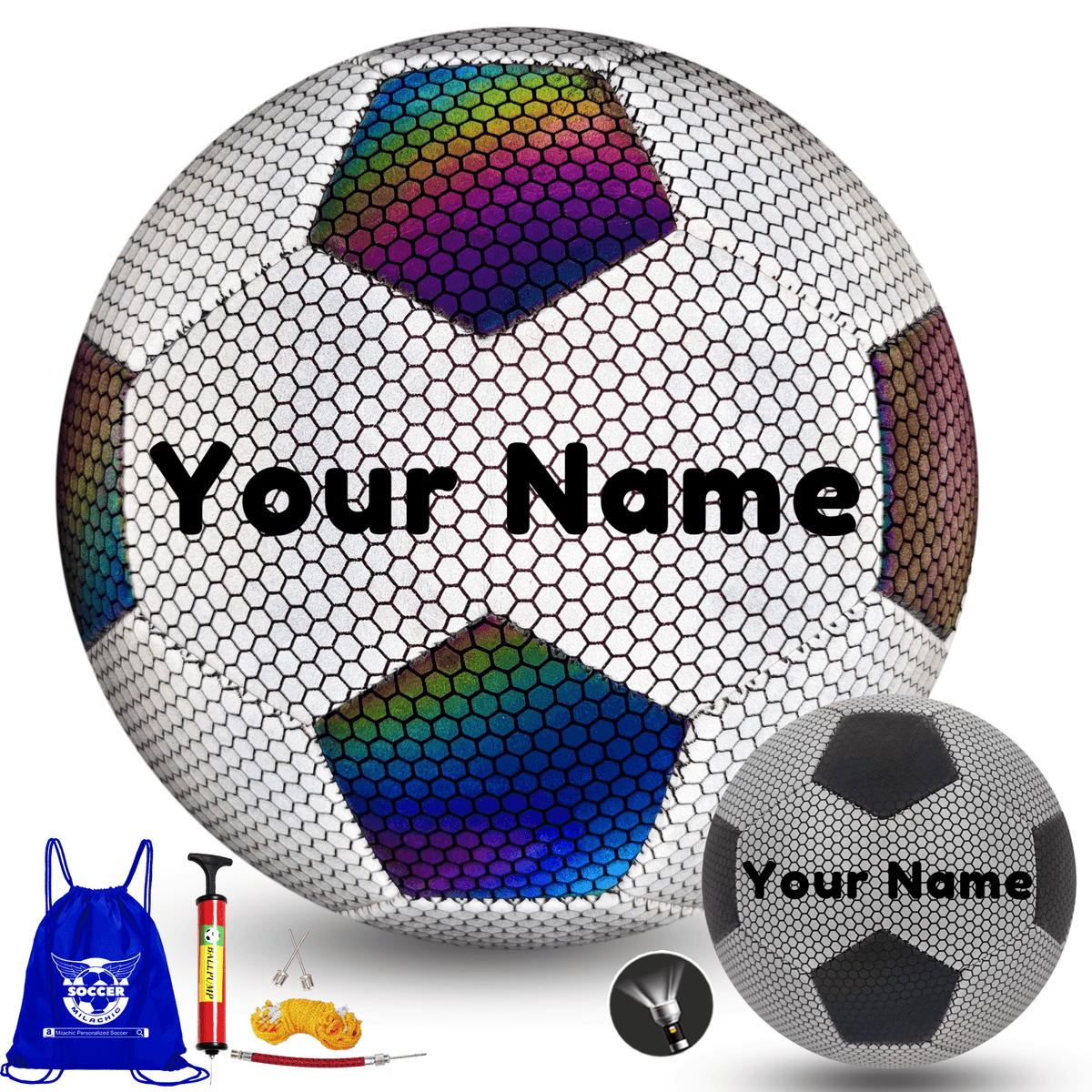 Customized Reflective Black and White Soccer Ball Size 4/5 for Indoor Outdoor Training and Night Games