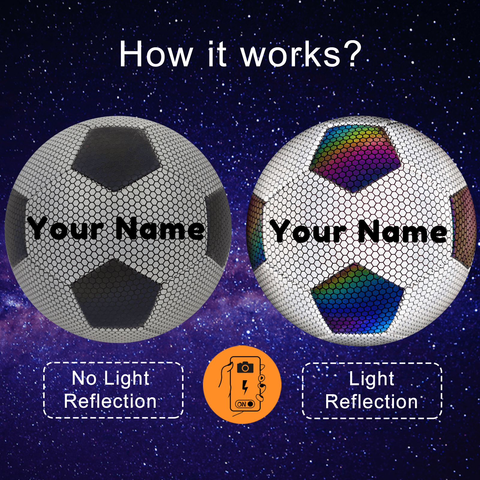 Customized Reflective Black and White Soccer Ball Size 4/5 for Indoor Outdoor Training and Night Games